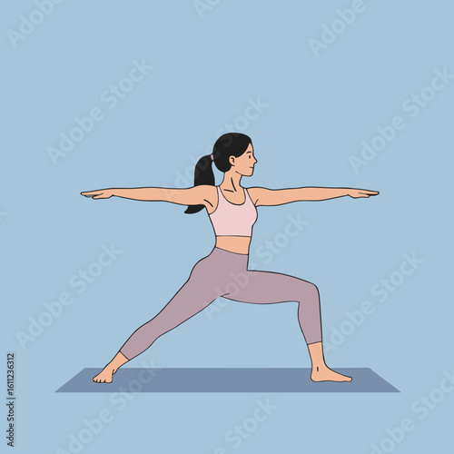 Illustration of a woman in the Warrior II yoga pose. Concept of physical fitness, mental wellness, and a balanced healthy lifestyle.