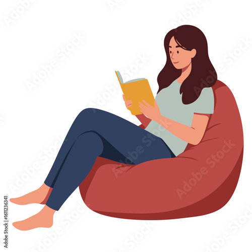 A woman finds comfort and knowledge while relaxing on a beanbag chair, deeply engrossed in reading a book during her leisure time.