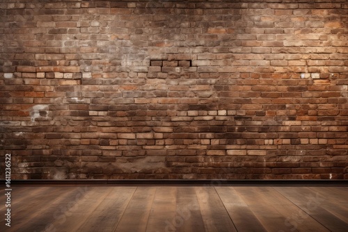 Grunge brick wall and wooden floor create a dramatic, atmospheric backdrop, perfect for showcasing products or adding a touch of vintage charm