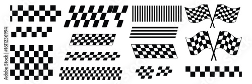 Racing Stripes & Checkered Flag Vector Set. Black & White Racing Banner Vectors Speed Lines, Flags & Track Icons. Race Track & Flag Vector Design