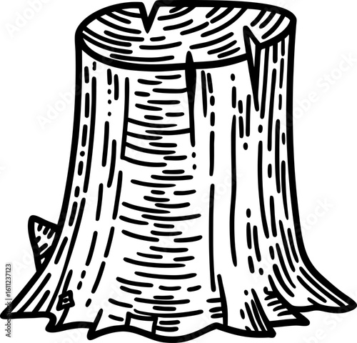 Tree stump illustration hand drawn wood trunk, cut timber texture with rough bark and annual rings, isolated design