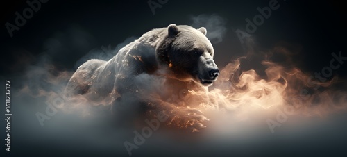 a light bear , coming out of the smoke, Generative AI