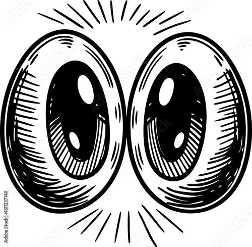 Wide open eyes, surprised facial expression black and white pop art drawing, curious emotion, alert attention