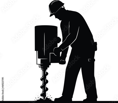 Silhouette of construction worker operating a power drill with firm posture, symbolizing skilled manual labor