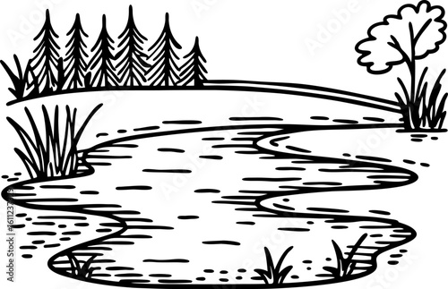 Tranquil pond landscape with trees and grassy shore outline drawing, nature scenery, peaceful outdoor environment