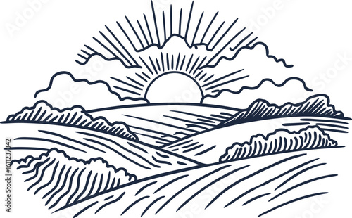 Sunrise over rolling hills simple line art landscape with sun rays, clouds, and meadows in minimal rural scene