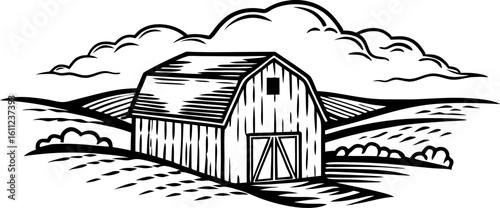 Rustic barn on rolling countryside hills under cloudy sky rural landscape, agriculture and farming concept illustration