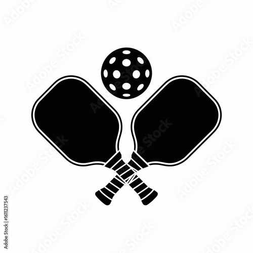 Black and white pickleball sport illustration featuring paddles and ball graphic design for sports enthusiasts and recreational activities