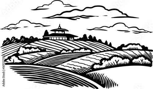 Rolling farmland landscape illustration with fields, trees, clouds, rural hills, and farmhouse building