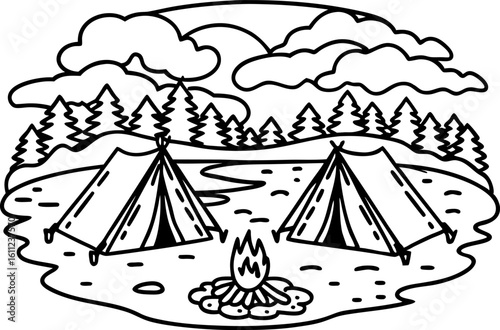 Two camping tents near campfire in forest clearing trees, clouds, outdoor adventure, wilderness exploration scene