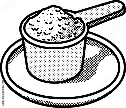 Measuring scoop filled with protein powder on plate nutrition supplement, sports fitness diet illustration