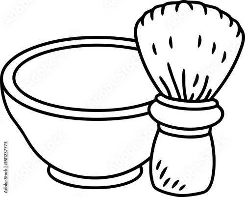 Shaving bowl and brush classic grooming tools, personal care, wet shave accessory, clean line art illustration