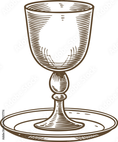 Vintage wine glass on saucer, ornate hand drawn illustration elegant cup for drinks, barware, celebration, hospitality