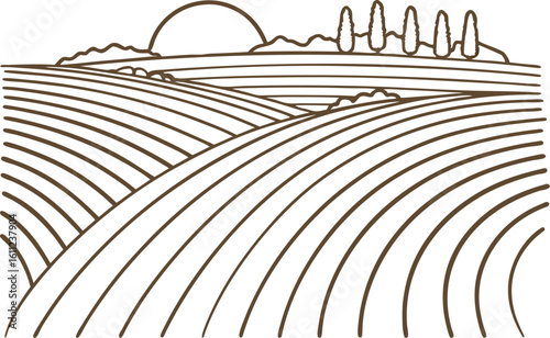 Sunrise over rolling hills and fields minimalist rural landscape with trees, plowed farmland, agricultural scene