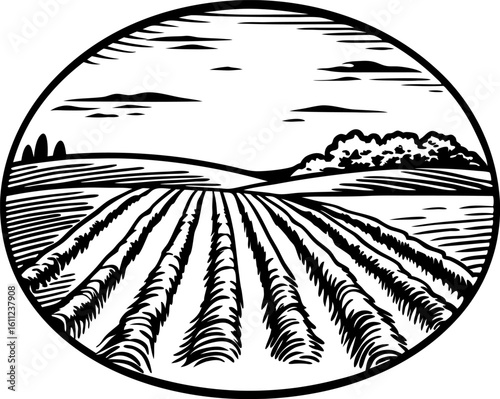 Plowed farmland field with rows and rural landscape agriculture cultivation, countryside horizon, black and white woodcut