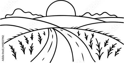 Sunrise over rural fields with country road and rolling hills nature landscape, agriculture morning scene