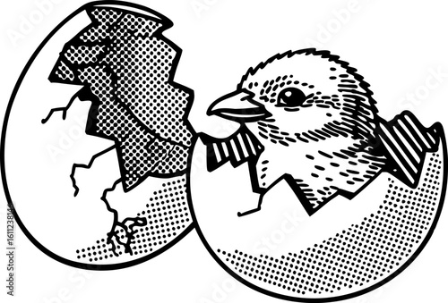 Baby chick hatching from an eggshell young bird emerging, growth, new life, spring beginning, animal birth concept