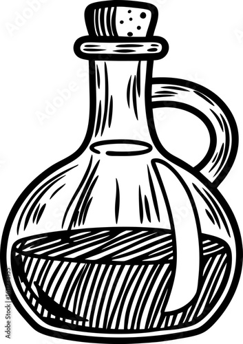 Glass oil cruet with cork stopper hand drawn transparent jug, kitchen utensil container, olive oil vessel