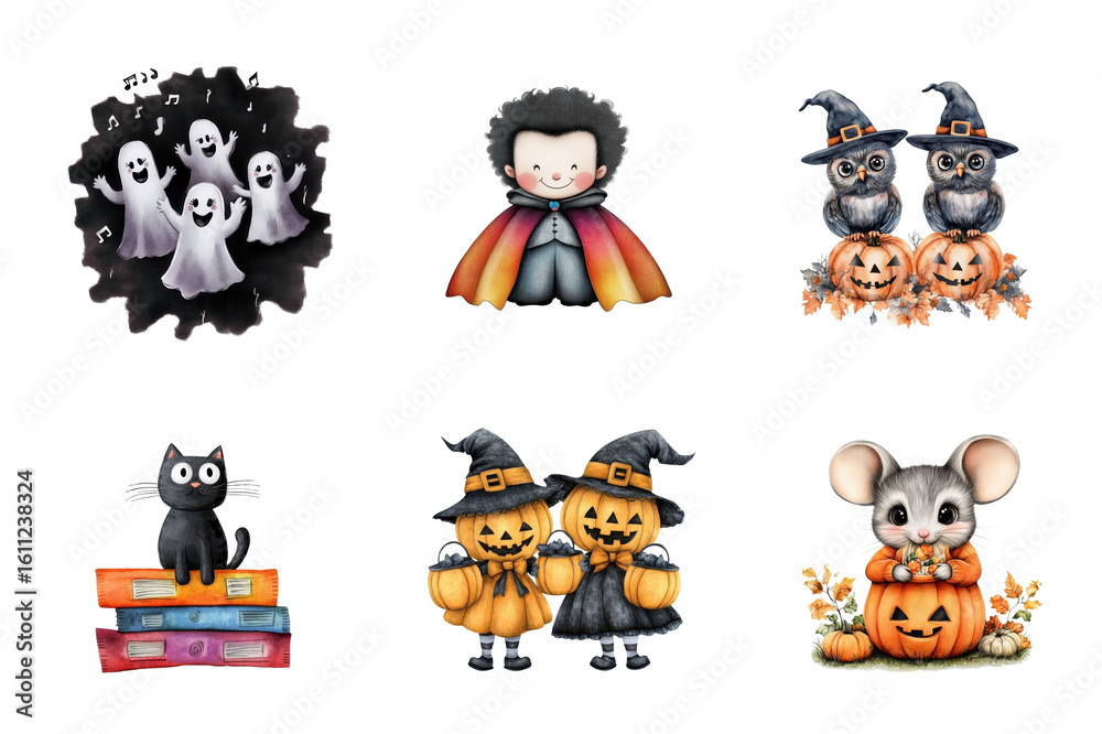 Obraz premium A collection of Halloween themed watercolor illustrations with ghosts vampire owls black cat pumpkin heads and a mouse