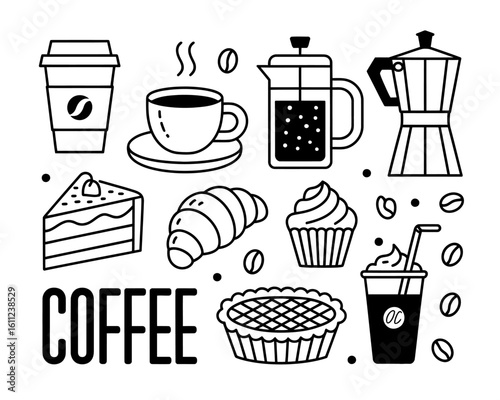 Coffee and dessert illustration with take away cup coffee maker croissant and pie minimalistic design perfect for cafe or restaurant design