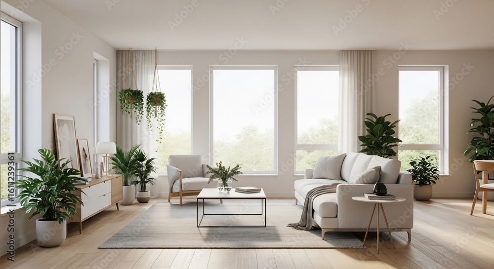 Fototapeta premium Serene and Bright Living Room with Natural Light and Greenery for Relaxation