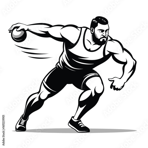 Monochrome Discus Thrower Illustration Capturing Power and Focus in Track and Field Competition