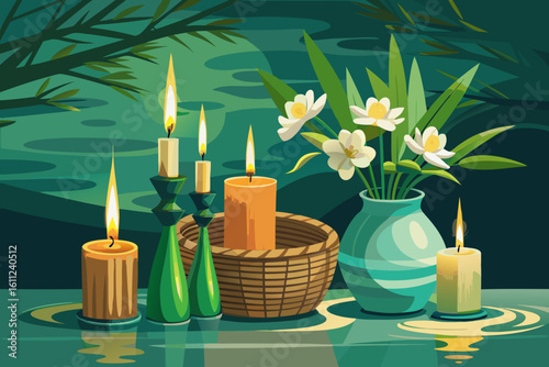 Serene still life with candles and flowers in teal and green tones