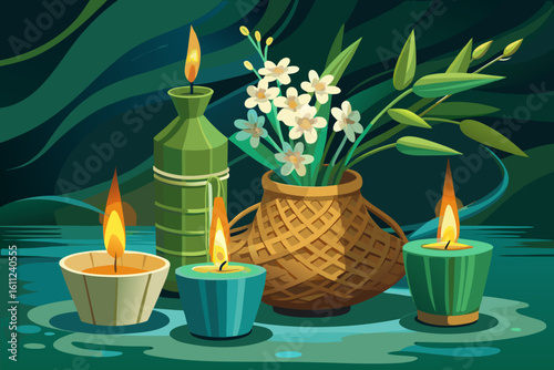 Serene still life with candles and flowers in a basket
