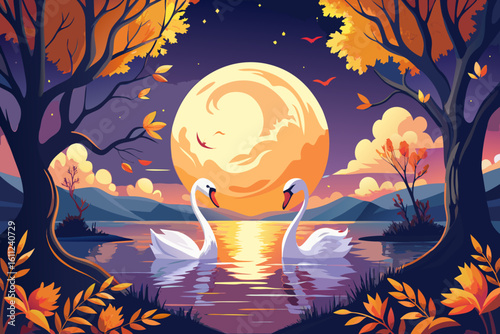 Two swans gaze at a giant full moon reflected in a calm lake