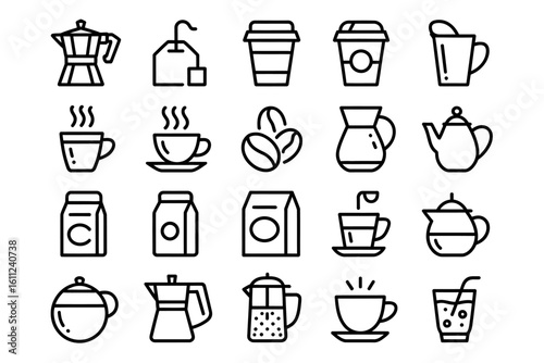 Collection of Coffee and Tea Iconography in Vector Format Representing Various Brewing Methods and Beverage Options with Modern Design