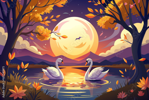 Two swans on a lake under a full moon during autumn