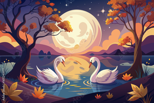 Two swans on a tranquil lake under a large full moon and autumn trees