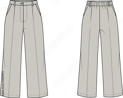 Pants design sketch, casual trousers flat illustration, zipper and elastic waistband detail, garment front and back views, cad drawing flat vector illustration