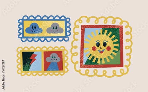 Hand-drawn joyful weather scenes featuring rainclouds, lightning, sunshine, and wind, all wrapped in a playful childlike artistic vibe with crayon textures and pastel tones.