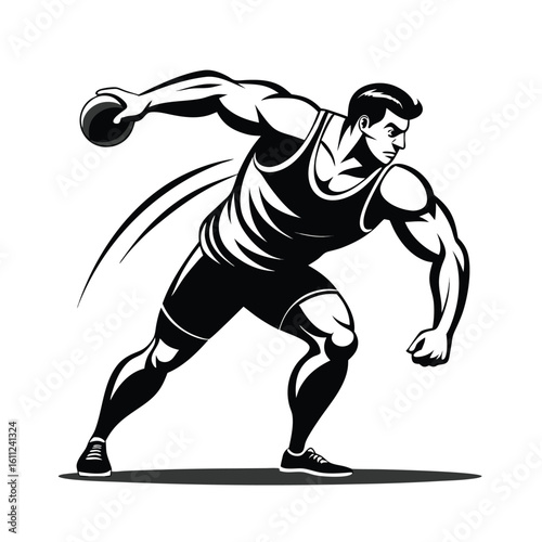 Monochrome Discus Thrower Illustration Capturing Power and Focus in Track and Field Competition