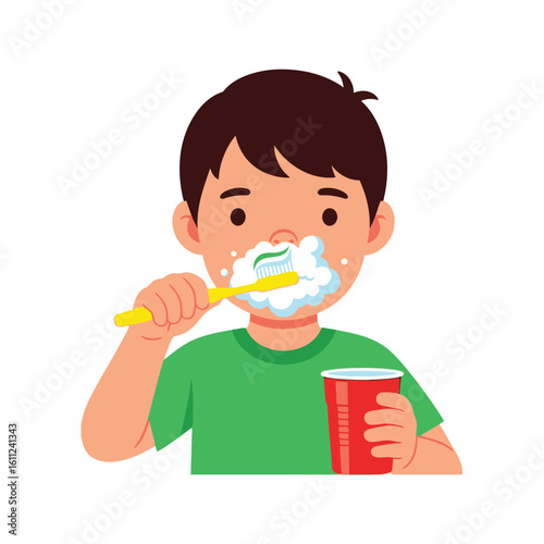 Child brushing teeth with toothbrush in one hand and a cup in the other, foam on mouth, isolated on white background