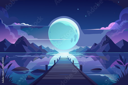 Serene night scene with a pier under a giant moon