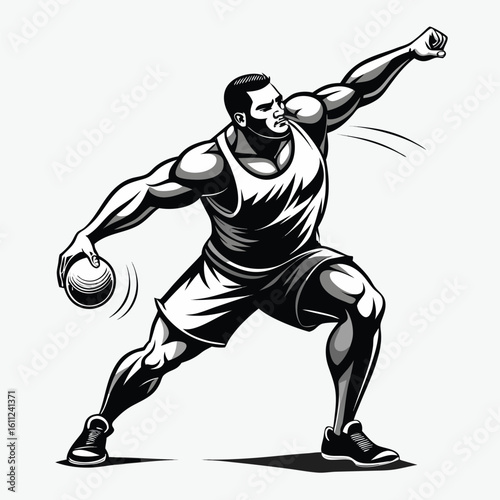 Monochrome Discus Thrower Illustration Capturing Power and Focus in Track and Field Competition