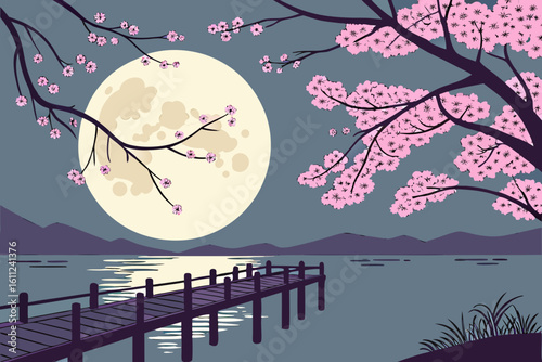 Serene moonlit night with cherry blossoms and pier