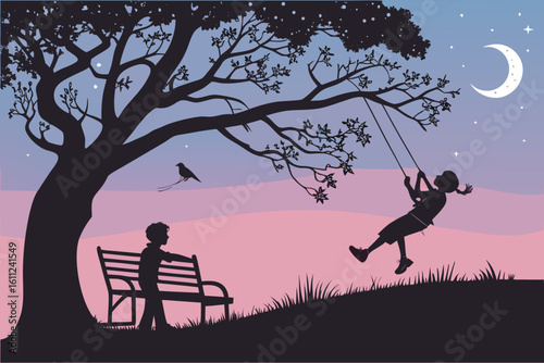 Children enjoy a swing and bench under a tree at twilight