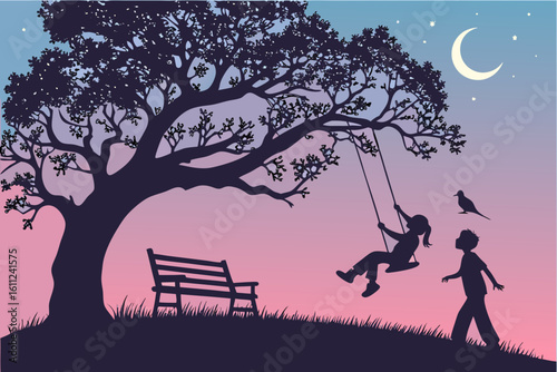 Children swinging under a tree at dusk with a crescent moon