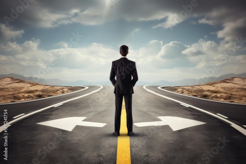 Businessman making decision standing at crossroad with two arrows pointing in different directions