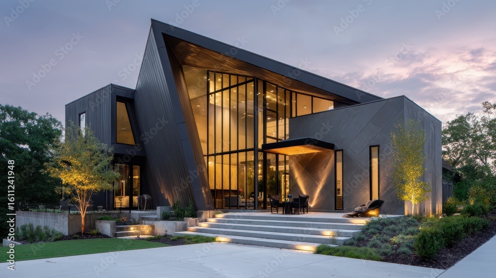Obraz premium Sleek Modern Home with Sharp Angles and Artistic Design at Dusk