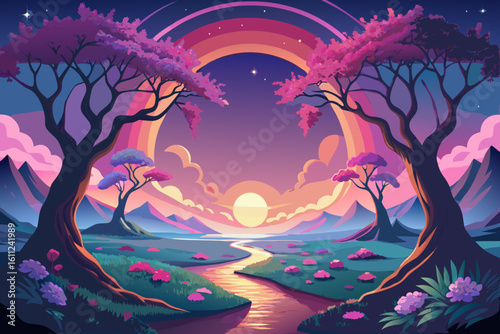 Magical landscape with rainbow and cherry blossom trees at sunset