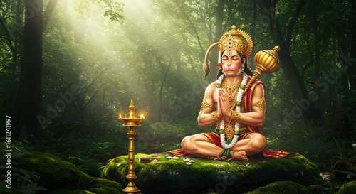 In a serene forest setting, lord hanuman, the hindu god of strength and devotion, sits in a meditative pose illuminated by divine sunbeams, with a traditional oil lamp nearby