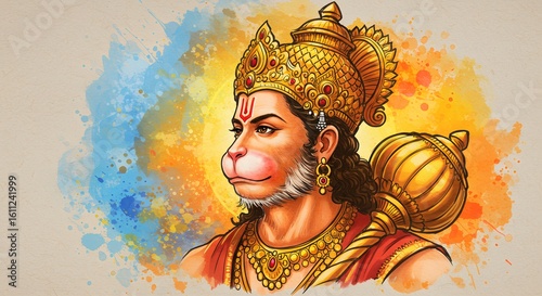 Lord hanuman, the esteemed hindu deity, is captured in a detailed watercolor portrait, showcasing his regal headdress and devotional expression against a lively splash of colors