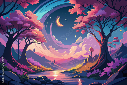 Enchanting twilight landscape with crescent moon and pink trees