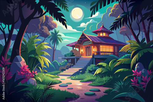 Enchanting jungle home illuminated by moonlight and warm interior lights