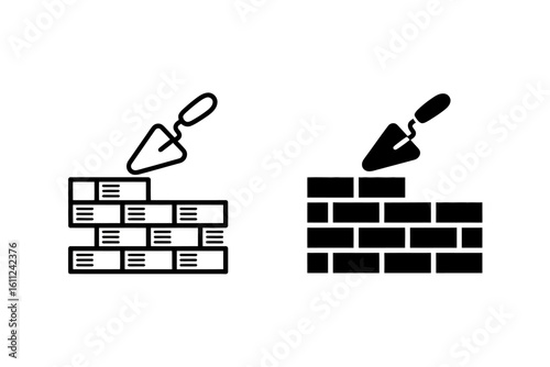 Construction Work in Progress Brick Wall Construction with Trowel Architecture and Engineering Vector Icon Symbols Illustrating Building and Development