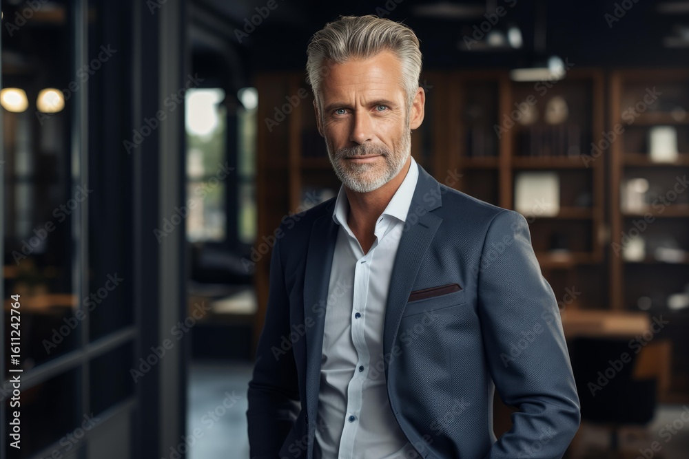 Fototapeta premium Successful mature executive posing in stylish suit in contemporary workspace